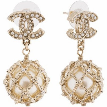 Chanel Gold Crystal CC Pearl Dangle Drop Earrings