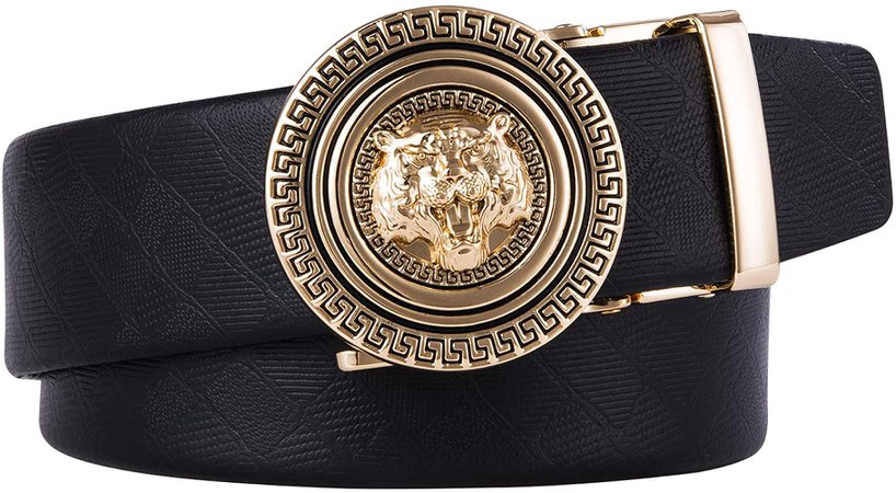 Hi-Tie Gold Lion Buckle Belt Gift Novelty Buckle Black Leather for Big Waist Men at Amazon Men’s Clothing store
