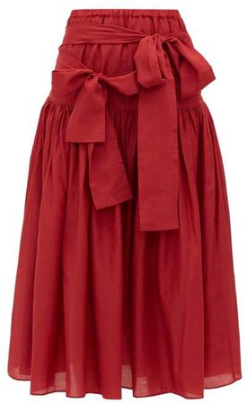 Waist Tie Cotton Blend Poplin Midi Skirt - Womens - Red