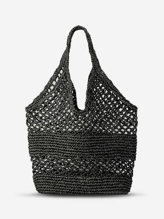 Hollow Out Crochet Raffia Beach Shoulder Bag In BLACK | ZAFUL 2023