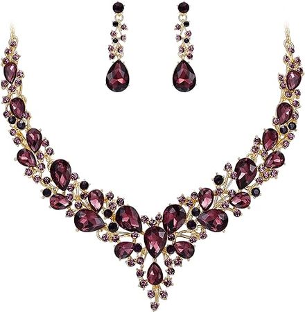 Amazon.com: BriLove Wedding Bridal Necklace Earrings Jewelry Set for Women Austrian Crystal Teardrop Cluster Statement Necklace Dangle Earrings Set Deep Amethyst Color Gold-Toned: Clothing, Shoes & Jewelry