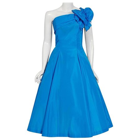 1950's Royal Blue Taffeta One-Shoulder Asymmetric Bow Circle Skirt Party Dress For Sale at 1stdibs