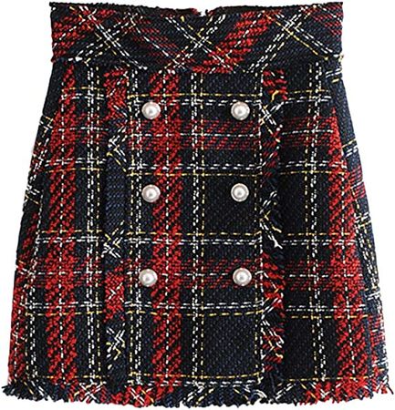 Women Plaid Skirt Vintage Faux Pearl Fringe Tweed Plaid Mini A Line Skirt at Amazon Women’s Clothing store