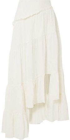 Asymmetric Tiered Crinkled-crepon Maxi Skirt - White