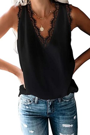 BLENCOT Women Lace Trim Tank Tops V Neck Fashion Casual Sleeveless Blouse Vest Shirts Large A Black at Amazon Women’s Clothing store