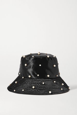 Black Mallorie Swarovski pearl-embellished satin bucket hat | Jennifer Behr | NET-A-PORTER
