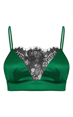 Emerald Green Satin Lace Trim Bralet | Tops | PrettyLittleThing