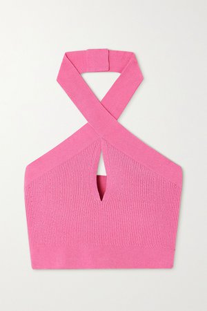 Pink Cropped cutout ribbed-knit halterneck top | Balmain | NET-A-PORTER