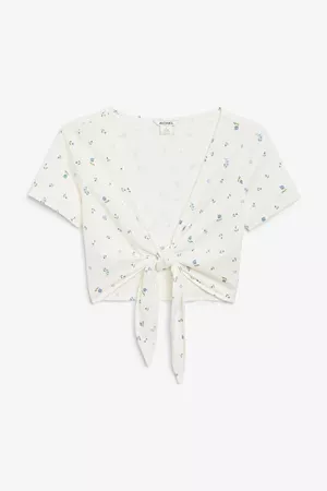 Tie front crop top - White with blue flowers - Tops - Monki WW