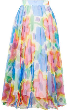 Pleated Floral-print Organza Maxi Skirt - Blue