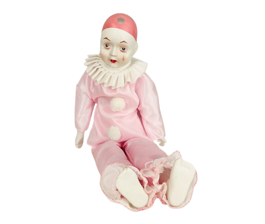 Vintage Pierrot doll, large collectible clown, Arlequin porcelain doll, sad jester doll