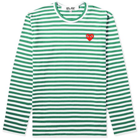 Comme des Garcons Play Long Sleeve Heart Stripe Logo Tee Green, White & Red | END.