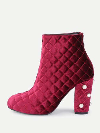 Faux Pearl Quilted Block Heeled Ankle Boots