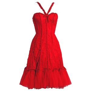 Vintage 1990's Beville Sassoon Ruby Red Sequin Tulle Sweetheart Cocktail Dress