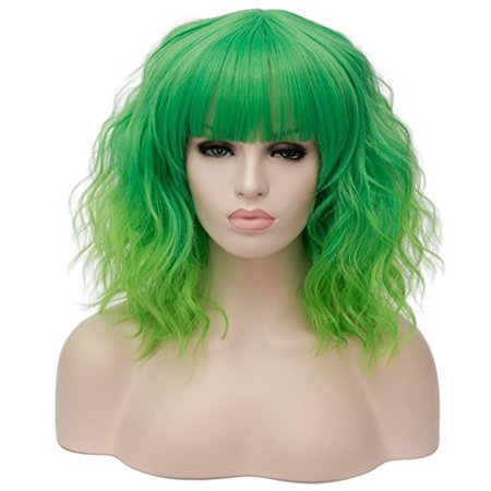 Alacos Fashion 35cm Short Curly Bob Anime Cosplay Wig Daily Party Christmas Halloween Synthetic Heat Resistant Wig for Women +Free Wig Cap (Bright Green Ombre)