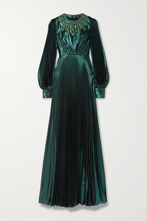 Crystal-embellished Pleated Silk-blend Lame Gown - Dark green