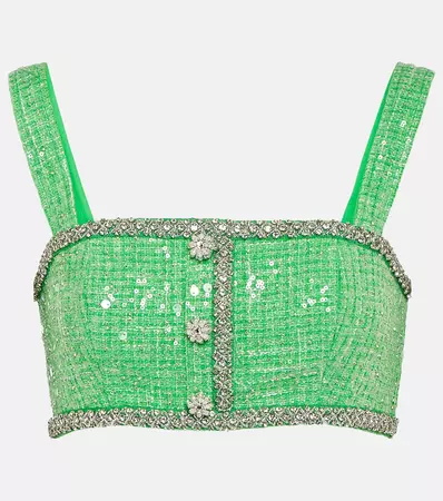 Embellished Sequined Boucle Crop Top in Green - Self Portrait | Mytheresa