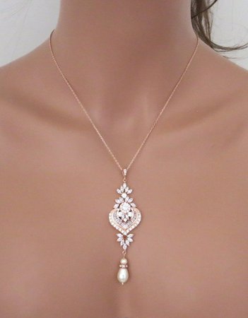 Rose Gold Bridal necklace, Rose Gold pendant necklace, Bridal jewelry, Rose Gold Bridesmaid necklace, Wedding necklace, Pearl necklace, EMMA