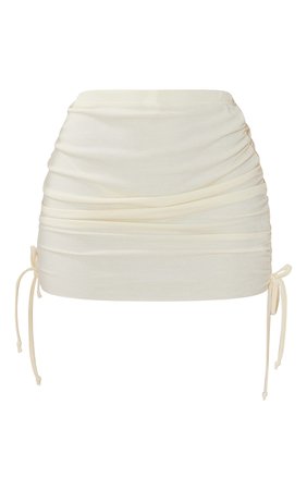 Cream Rib Ruched Side High Waist Mini Skirt | PrettyLittleThing CA