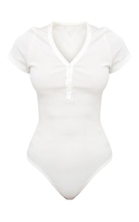 Cream Button Front Short Sleeve Rib Thong Bodysuit | PrettyLittleThing USA