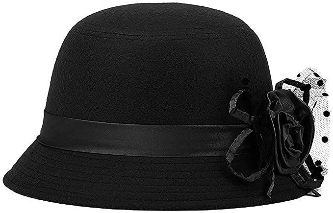 Glamorstar Vintage Felt Cloche Hat Winter Floral Fedora Bucket Hat Bowler Hats (One Size, Black) at Amazon Women’s Clothing store