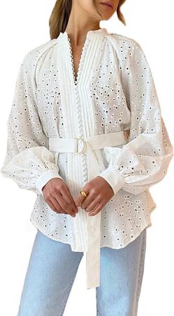 Aox Women Casual Long Sleeve Shirt Dress Summer Spring Loose Shift Blouse Top(Medium, White 202218) at Amazon Women’s Clothing store