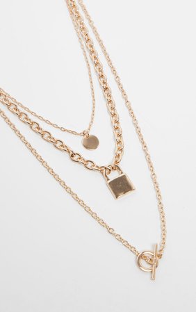 GOLD T BAR AND PADLOCK TRIPLE LAYERING NECKLACE