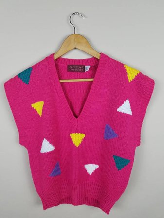 1980s vintage sweater vest pink medium triangles | Etsy