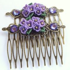Purple and Gold Posey Hair Combs, Swarovski Crystals, Brass Combs, Hair Jewelry, Prom, Wedding Accessories, Holiday Hair, Flower Accessories