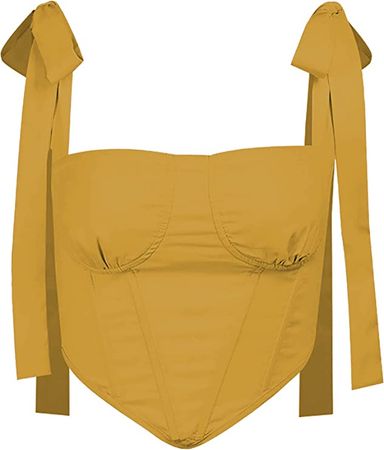 Avanova Women's Sexy Bustier Crop Top Strappy Tie up Shoulder Sleeveless Asymmetrical Clubwear Yellow Large at Amazon Women’s Clothing store