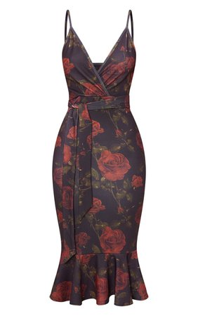 Black  Rose Tie Waist Fishtail Dress | PrettyLittleThing USA