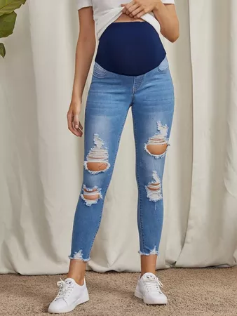 Maternity Ripped Raw Hem Skinny Cropped Jeans | SHEIN USA