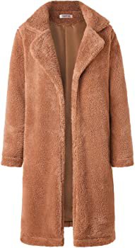 Angashion Women's Fuzzy Fleece Lapel Open Front Long Cardigan Coat Faux Fur Warm Winter Outwear Jackets with Pockets Caramel S at Amazon Women’s Clothing store