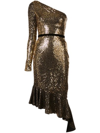 Gold Marchesa Notte Sequinned Ruffle Asymmetric Dress | Farfetch.com