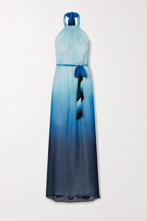 Fringed Ombre Crinkled Chiffon Halterneck Maxi Dress - Sky blue