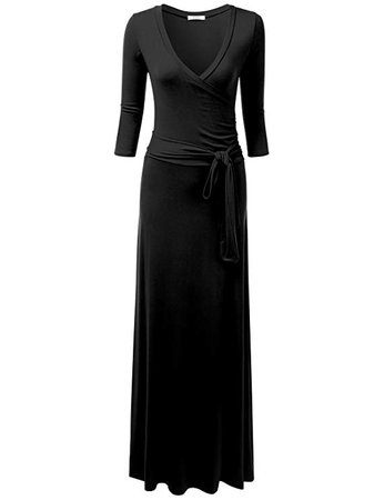 NINEXIS Women's V-Neck 3/4 Sleeve Waist Wrap Front Maxi Dress at Amazon Women’s Clothing store