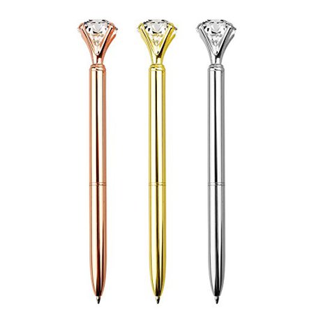 3 Pcs Rose Gold Pen with Big Diamond/Crystal ,Metal Ballpoint Pen,Rose Gold /Silver/Gold,Office Supplies,Black Ink