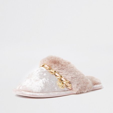 Pink velvet chain trim slippers | River Island