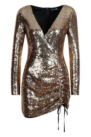 Sequin Long Sleeve Ruched Bodycon Dress | Boohoo