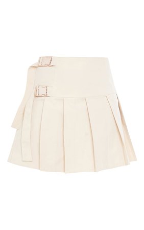 Cream Buckle Detail Woven Pleated Mini Skirt | PrettyLittleThing