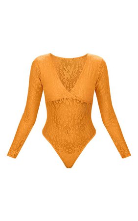 Tangerine Lace V Neck Long Sleeve Thong Bodysuit | PrettyLittleThing USA