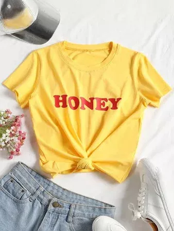 yellow honey shirt with red writing - Google Search
