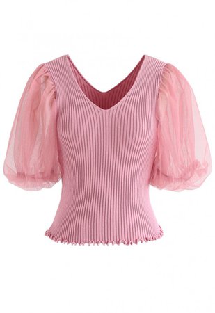 Mesh Sleeves V-Neck Fitted Knit Top in Hot Pink - NEW ARRIVALS - Retro, Indie and Unique Fashion