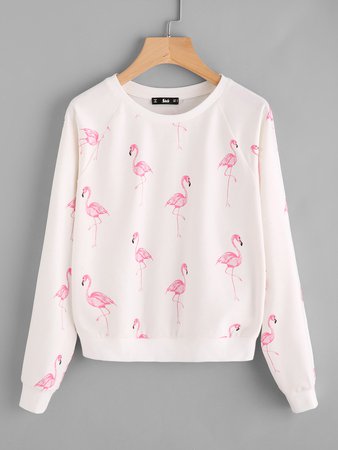 Allover Flamingo Print Raglan Sleeve Sweatshirt