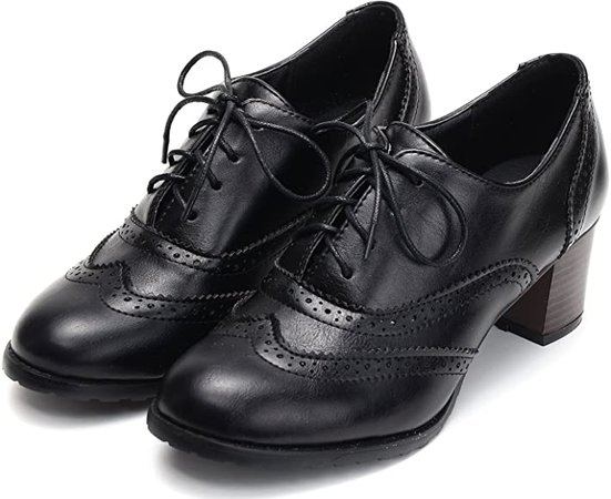 Amazon.com | Odema Womens pu Leather Brogue Oxfords Wingtip Lace Up Dress Shoes High Heels Pumps Black | Oxfords
