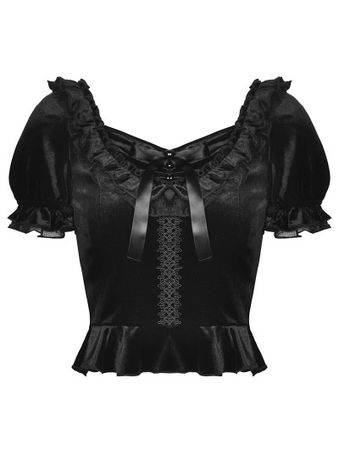 Dark in Love Black Cute Gothic Frilly Velvet Short Puff Sleeves Top for Women - DarkinCloset.com