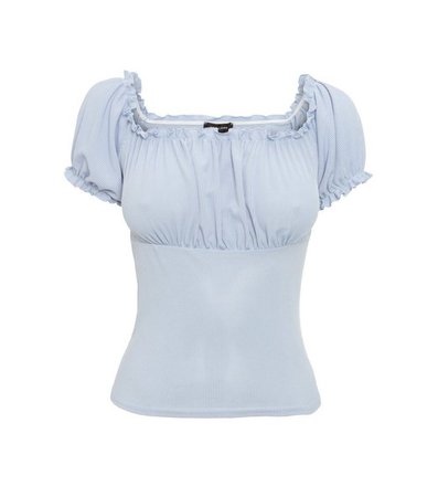 Pale Blue Ribbed Puff Sleeve Top | New Look