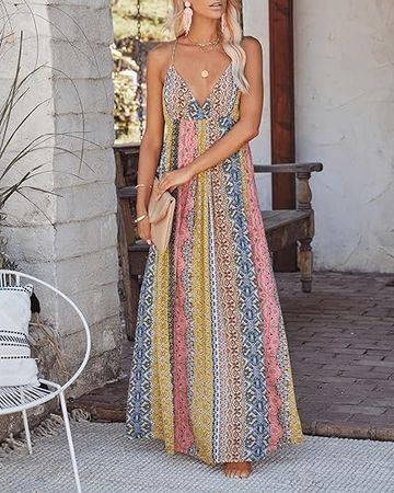 Women Spaghetti Strap V Neck Backless Flowy Maxi Boho Dress Sleeveless High Waist Long Floral A-Line Sundress at Amazon Women’s Clothing store