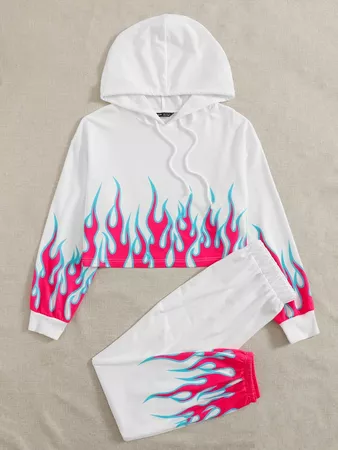 Fire Print Crop Hoodie & Sweatpants Set | SHEIN USA