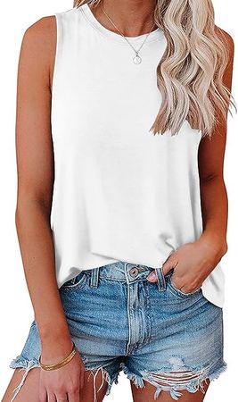 Bliwov Womens Tank Tops Crewneck Loose Fit Basic Solid Color Casual Summer Sleeveless Shirts White at Amazon Women’s Clothing store
